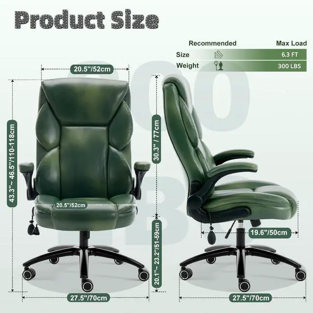 Alt view image 3 of 7 - Executive Office Chair - Adjustable Inflatable Lumbar Support, Flip Up Arms, Heavy Duty Metal Base, Breathable PU Leather Ergonomic High Back Computer Chair Desk Chair, Thick Padded | Green