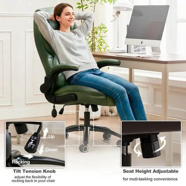 Alt view image 5 of 7 - Executive Office Chair - Adjustable Inflatable Lumbar Support, Flip Up Arms, Heavy Duty Metal Base, Breathable PU Leather Ergonomic High Back Computer Chair Desk Chair, Thick Padded | Green
