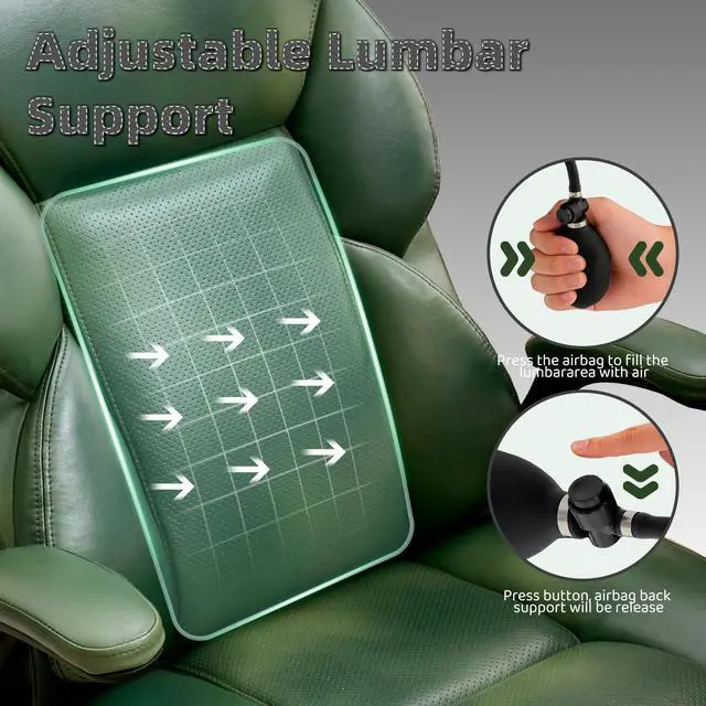 Alt view image 6 of 7 - Executive Office Chair - Adjustable Inflatable Lumbar Support, Flip Up Arms, Heavy Duty Metal Base, Breathable PU Leather Ergonomic High Back Computer Chair Desk Chair, Thick Padded | Green