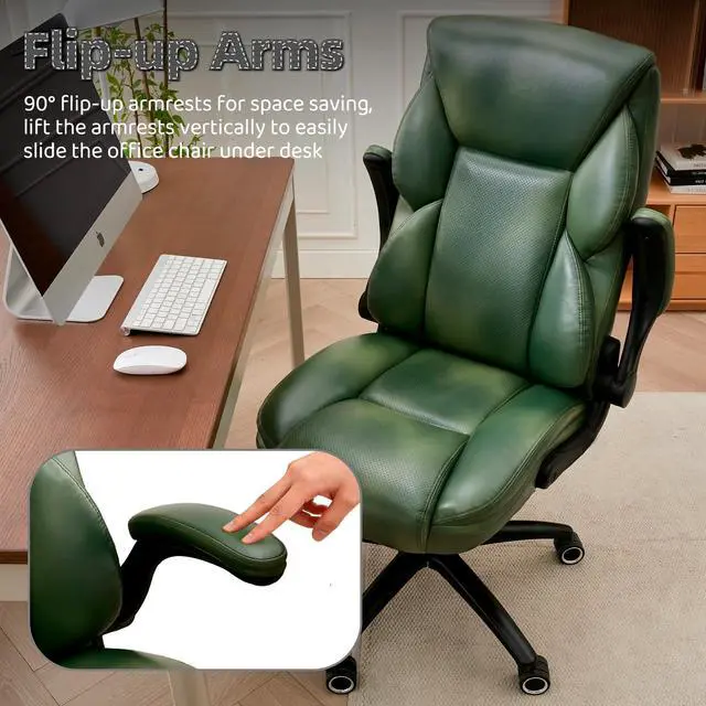 Alt view image 7 of 7 - Executive Office Chair - Adjustable Inflatable Lumbar Support, Flip Up Arms, Heavy Duty Metal Base, Breathable PU Leather Ergonomic High Back Computer Chair Desk Chair, Thick Padded | Green
