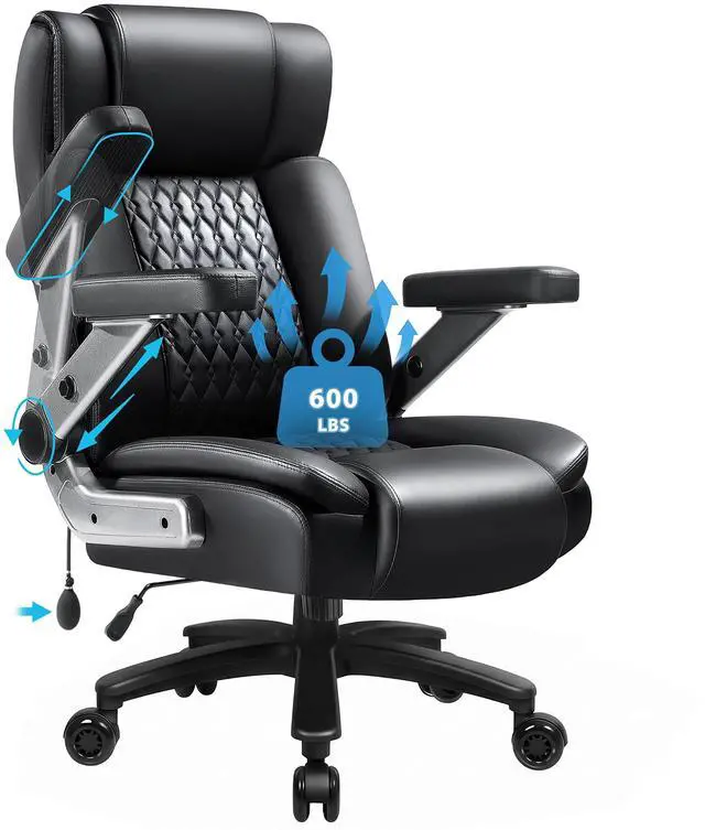Main image of Big and Tall Office Chair 600lbs with 5D Flip Arms, Heavy Duty Executive Office Chairs, Ergonomic Desk Chair with Adjustable Lumbar Support & Rubber Wheels, PU Leather, Black