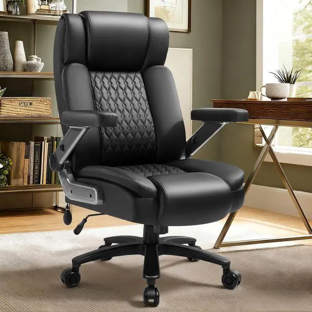Alt view image 2 of 7 - Big and Tall Office Chair 600lbs with 5D Flip Arms, Heavy Duty Executive Office Chairs, Ergonomic Desk Chair with Adjustable Lumbar Support & Rubber Wheels, PU Leather, Black