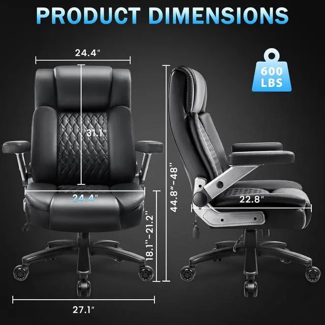 Alt view image 3 of 7 - Big and Tall Office Chair 600lbs with 5D Flip Arms, Heavy Duty Executive Office Chairs, Ergonomic Desk Chair with Adjustable Lumbar Support & Rubber Wheels, PU Leather, Black
