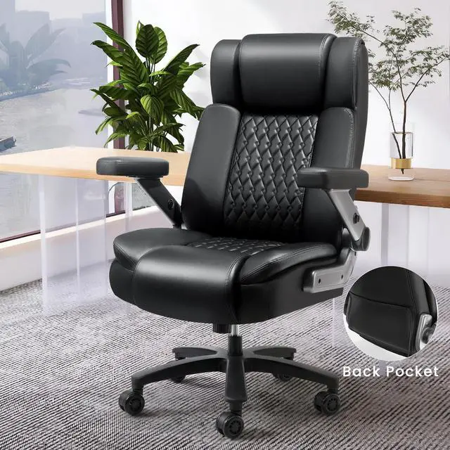 Alt view image 5 of 7 - Big and Tall Office Chair 600lbs with 5D Flip Arms, Heavy Duty Executive Office Chairs, Ergonomic Desk Chair with Adjustable Lumbar Support & Rubber Wheels, PU Leather, Black