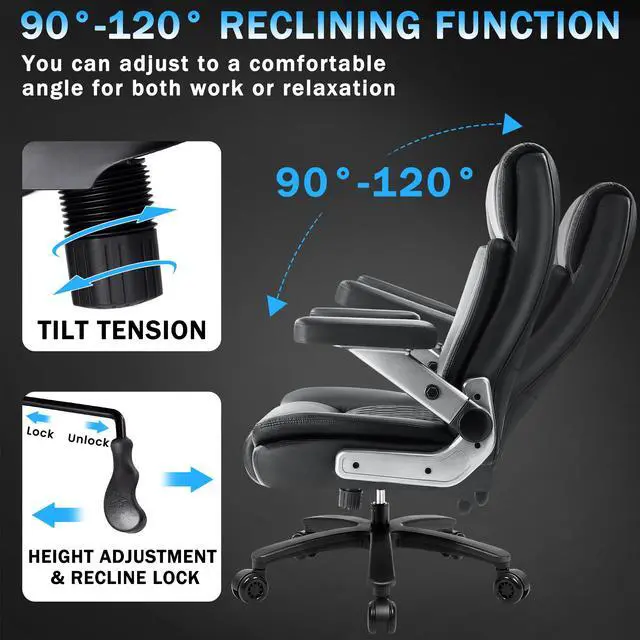 Alt view image 6 of 7 - Big and Tall Office Chair 600lbs with 5D Flip Arms, Heavy Duty Executive Office Chairs, Ergonomic Desk Chair with Adjustable Lumbar Support & Rubber Wheels, PU Leather, Black