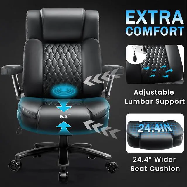 Alt view image 7 of 7 - Big and Tall Office Chair 600lbs with 5D Flip Arms, Heavy Duty Executive Office Chairs, Ergonomic Desk Chair with Adjustable Lumbar Support & Rubber Wheels, PU Leather, Black
