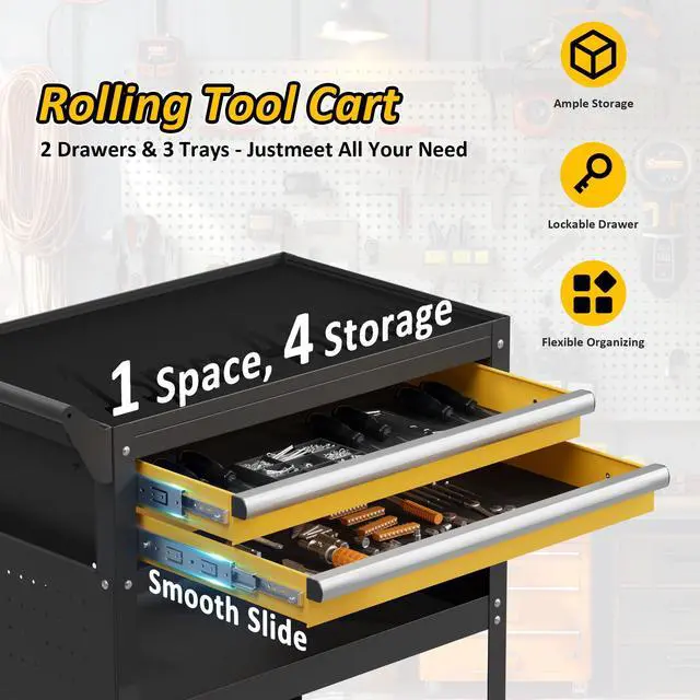 Alt view image 2 of 7 - 5-Tier Heavy Duty Rolling Tool Cart, 400 lbs Steel Utility Cart with 2 Drawers, Pegboard & Lockable Design, Storage Organizer for Garage, Workshop, Warehouse & Mechanic