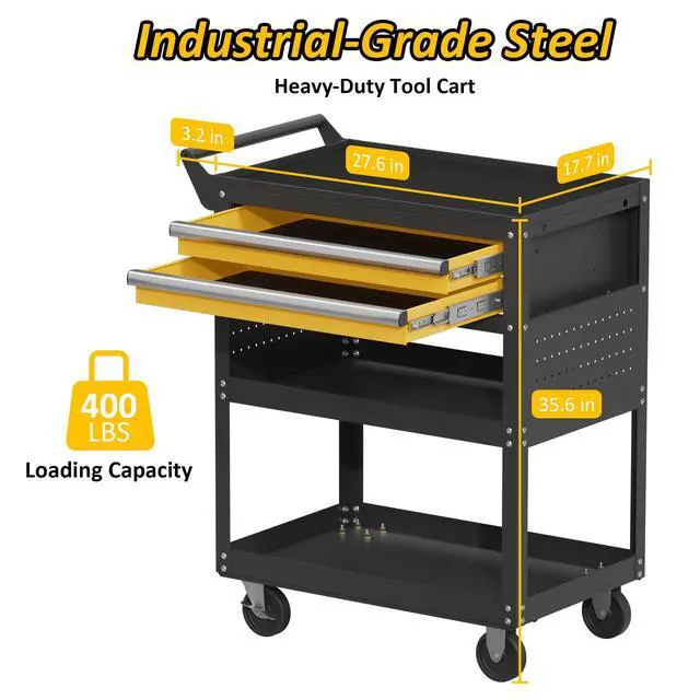 Alt view image 3 of 7 - 5-Tier Heavy Duty Rolling Tool Cart, 400 lbs Steel Utility Cart with 2 Drawers, Pegboard & Lockable Design, Storage Organizer for Garage, Workshop, Warehouse & Mechanic