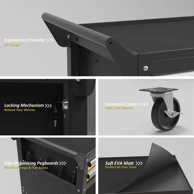 Alt view image 5 of 7 - 5-Tier Heavy Duty Rolling Tool Cart, 400 lbs Steel Utility Cart with 2 Drawers, Pegboard & Lockable Design, Storage Organizer for Garage, Workshop, Warehouse & Mechanic