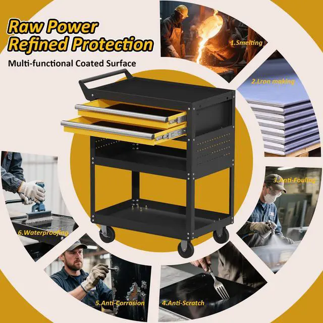 Alt view image 4 of 7 - 5-Tier Heavy Duty Rolling Tool Cart, 400 lbs Steel Utility Cart with 2 Drawers, Pegboard & Lockable Design, Storage Organizer for Garage, Workshop, Warehouse & Mechanic