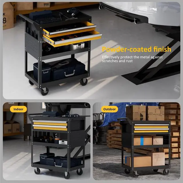 Alt view image 6 of 7 - 5-Tier Heavy Duty Rolling Tool Cart, 400 lbs Steel Utility Cart with 2 Drawers, Pegboard & Lockable Design, Storage Organizer for Garage, Workshop, Warehouse & Mechanic