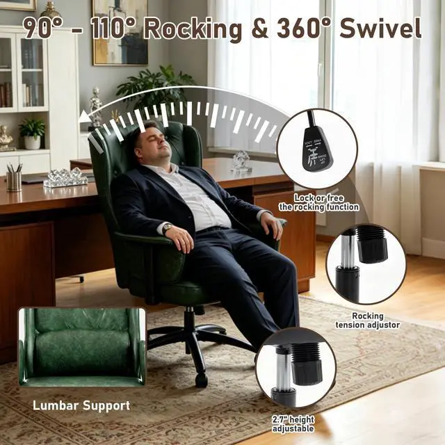 Alt view image 4 of 7 - Vintage Office Chair Executive Desk Leather Chairs for Office/Home | Ergonomic,Lumbar Support,Height Adjustable Armrest,Green,90°-110° Rocking Function,Swivel