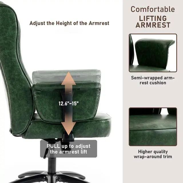 Alt view image 3 of 7 - Vintage Office Chair Executive Desk Leather Chairs for Office/Home | Ergonomic,Lumbar Support,Height Adjustable Armrest,Green,90°-110° Rocking Function,Swivel