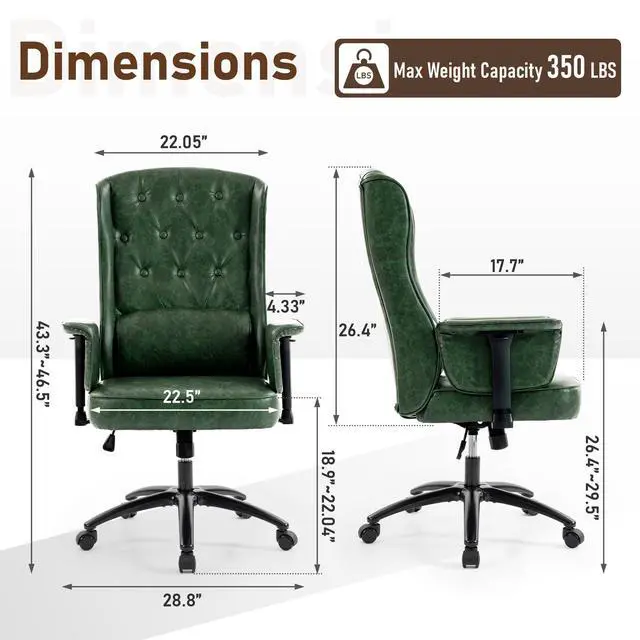 Alt view image 2 of 7 - Vintage Office Chair Executive Desk Leather Chairs for Office/Home | Ergonomic,Lumbar Support,Height Adjustable Armrest,Green,90°-110° Rocking Function,Swivel
