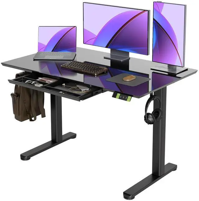 Main image of Glass Standing Desk with Drawers 48x24 Inch Black | Tempered Glass Top, Ergonomic, 3 Memory Presets, Adjustable Height, Stand Up Desk