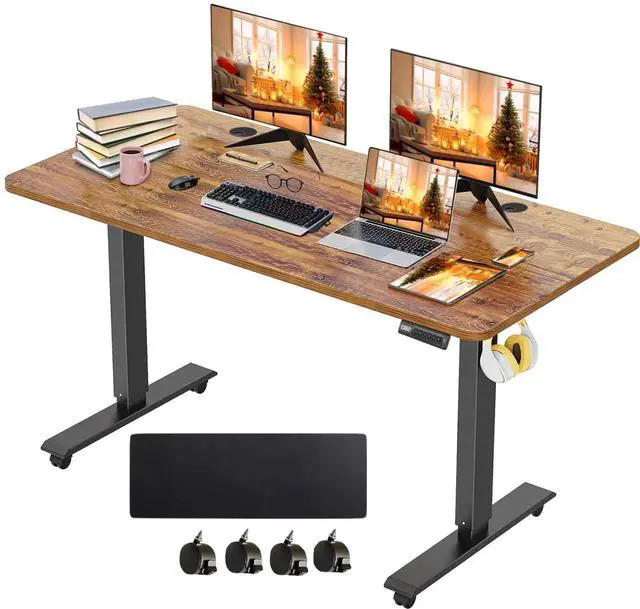 Main image of Electric Standing Desk 55 x 24 Inches Adjustable Height Sit Stand Up Desk for Home Office Computer Workstation Memory Preset with Wheels, Brown