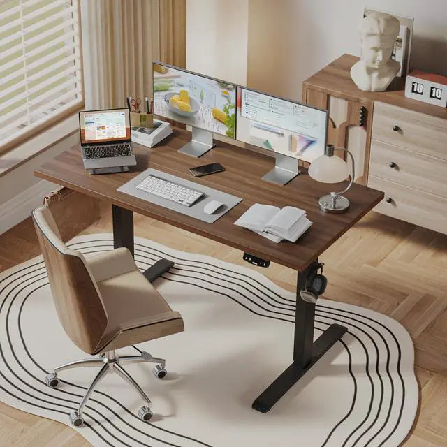 Alt view image 2 of 7 - Electric Height Adjustable Standing Desk, 55 Inch, Dark Walnut | Smooth Height Adjustment, Memory Presets, Hooks, Stable Steel Frame,154 lbs Capacity, Easy Assembly, Splice Board