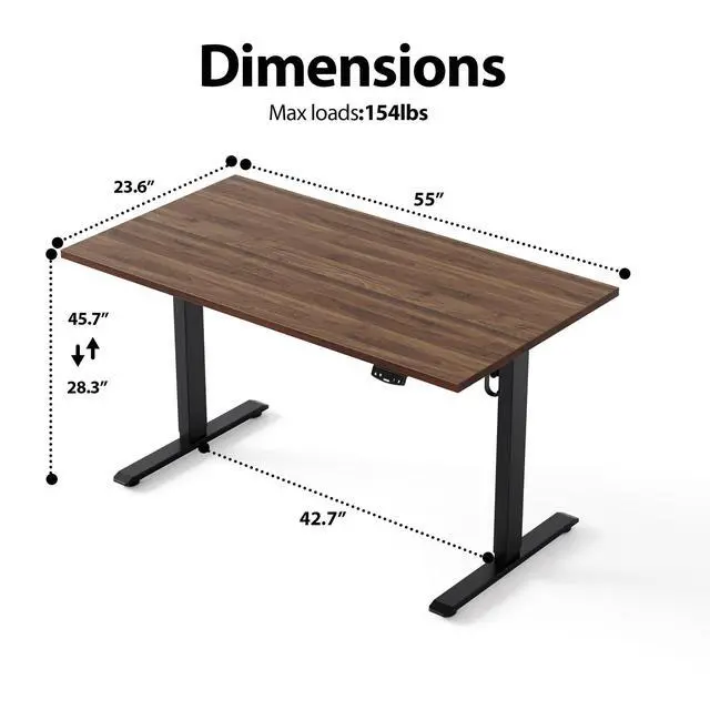 Alt view image 3 of 7 - Electric Height Adjustable Standing Desk, 55 Inch, Dark Walnut | Smooth Height Adjustment, Memory Presets, Hooks, Stable Steel Frame,154 lbs Capacity, Easy Assembly, Splice Board