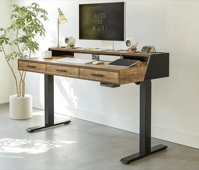 Main image of 48x26 Inches Standing Desk with 3 Wooden Drawers and Monitor Shelf, Height Adjustable Computer Desk, Ergonomic Rising Home Office Desks, Sit Stand Up Electric Workstation Table, Rustic Brown