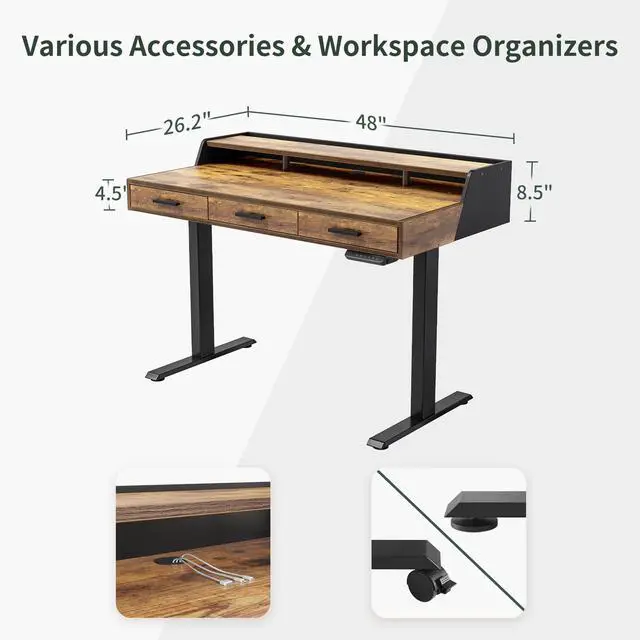 Alt view image 2 of 7 - 48x26 Inches Standing Desk with 3 Wooden Drawers and Monitor Shelf, Height Adjustable Computer Desk, Ergonomic Rising Home Office Desks, Sit Stand Up Electric Workstation Table, Rustic Brown