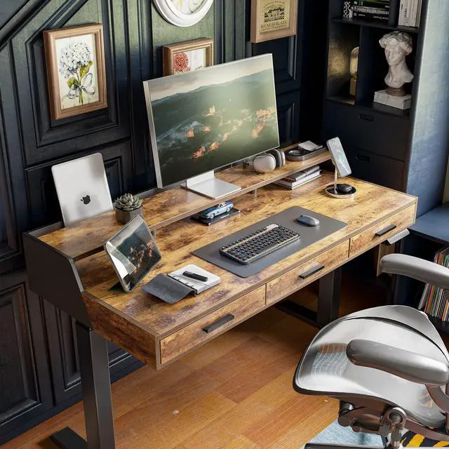 Alt view image 3 of 7 - 48x26 Inches Standing Desk with 3 Wooden Drawers and Monitor Shelf, Height Adjustable Computer Desk, Ergonomic Rising Home Office Desks, Sit Stand Up Electric Workstation Table, Rustic Brown