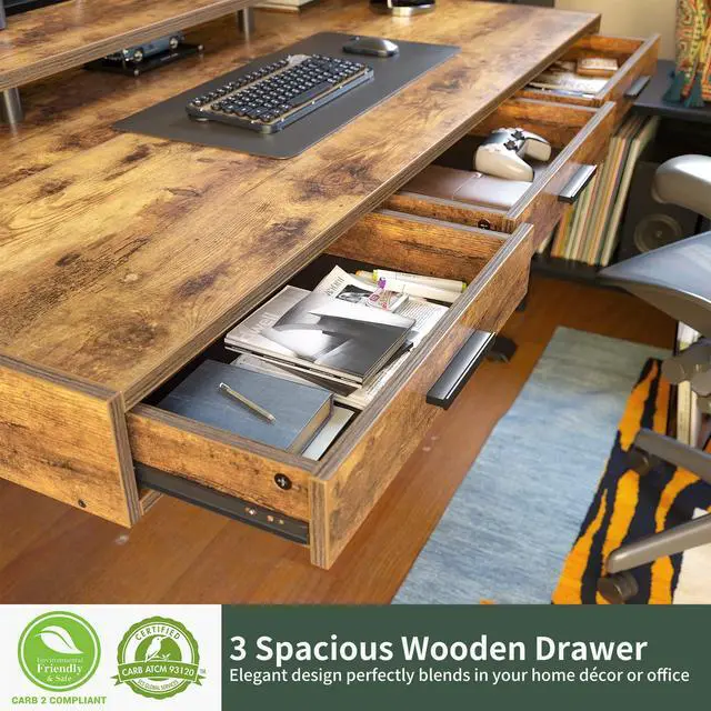 Alt view image 5 of 7 - 48x26 Inches Standing Desk with 3 Wooden Drawers and Monitor Shelf, Height Adjustable Computer Desk, Ergonomic Rising Home Office Desks, Sit Stand Up Electric Workstation Table, Rustic Brown