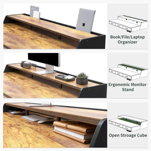 Alt view image 4 of 7 - 48x26 Inches Standing Desk with 3 Wooden Drawers and Monitor Shelf, Height Adjustable Computer Desk, Ergonomic Rising Home Office Desks, Sit Stand Up Electric Workstation Table, Rustic Brown
