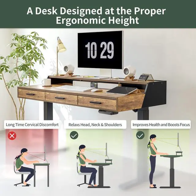 Alt view image 6 of 7 - 48x26 Inches Standing Desk with 3 Wooden Drawers and Monitor Shelf, Height Adjustable Computer Desk, Ergonomic Rising Home Office Desks, Sit Stand Up Electric Workstation Table, Rustic Brown