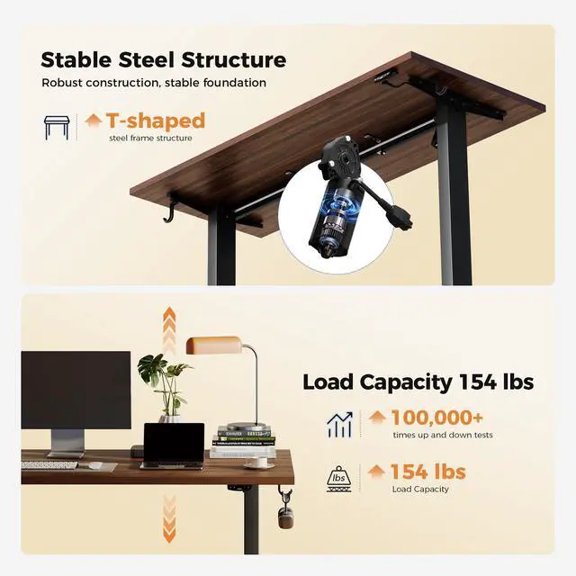 Alt view image 5 of 7 - Electric Height Adjustable Standing Desk, 55 Inch, Dark Walnut | Smooth Height Adjustment, Memory Presets, Hooks, Stable Steel Frame,154 lbs Capacity, Easy Assembly, Splice Board