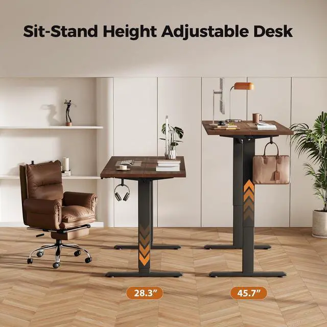 Alt view image 4 of 7 - Electric Height Adjustable Standing Desk, 55 Inch, Dark Walnut | Smooth Height Adjustment, Memory Presets, Hooks, Stable Steel Frame,154 lbs Capacity, Easy Assembly, Splice Board