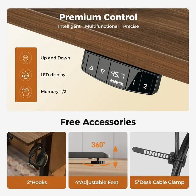 Alt view image 7 of 7 - Electric Height Adjustable Standing Desk, 55 Inch, Dark Walnut | Smooth Height Adjustment, Memory Presets, Hooks, Stable Steel Frame,154 lbs Capacity, Easy Assembly, Splice Board