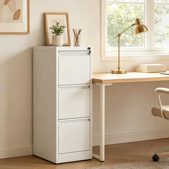 Alt view image 2 of 6 - 3 Drawer File Cabinet with Lock, Vertical Metal Filing Cabinet White | 40.4"H x 15"W x 18"D, Office Storage Cabinet for Home Office, Fit Letter, Legal, A4 and F4, Assembly Required