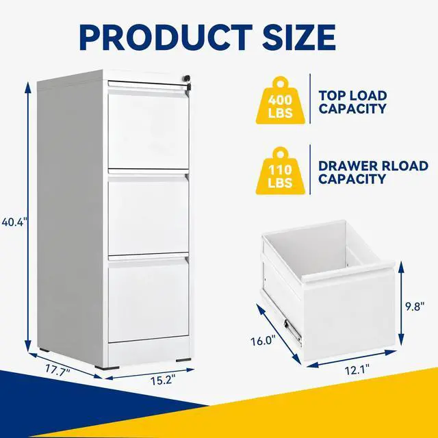 Alt view image 3 of 6 - 3 Drawer File Cabinet with Lock, Vertical Metal Filing Cabinet White | 40.4"H x 15"W x 18"D, Office Storage Cabinet for Home Office, Fit Letter, Legal, A4 and F4, Assembly Required