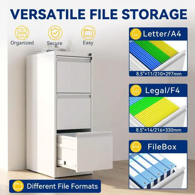 Alt view image 4 of 6 - 3 Drawer File Cabinet with Lock, Vertical Metal Filing Cabinet White | 40.4"H x 15"W x 18"D, Office Storage Cabinet for Home Office, Fit Letter, Legal, A4 and F4, Assembly Required