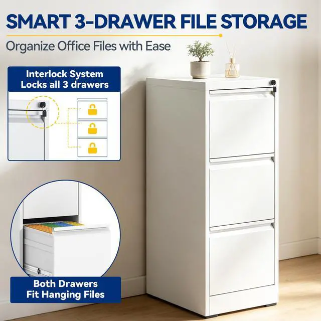 Alt view image 5 of 6 - 3 Drawer File Cabinet with Lock, Vertical Metal Filing Cabinet White | 40.4"H x 15"W x 18"D, Office Storage Cabinet for Home Office, Fit Letter, Legal, A4 and F4, Assembly Required