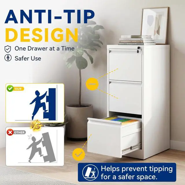 Alt view image 6 of 6 - 3 Drawer File Cabinet with Lock, Vertical Metal Filing Cabinet White | 40.4"H x 15"W x 18"D, Office Storage Cabinet for Home Office, Fit Letter, Legal, A4 and F4, Assembly Required