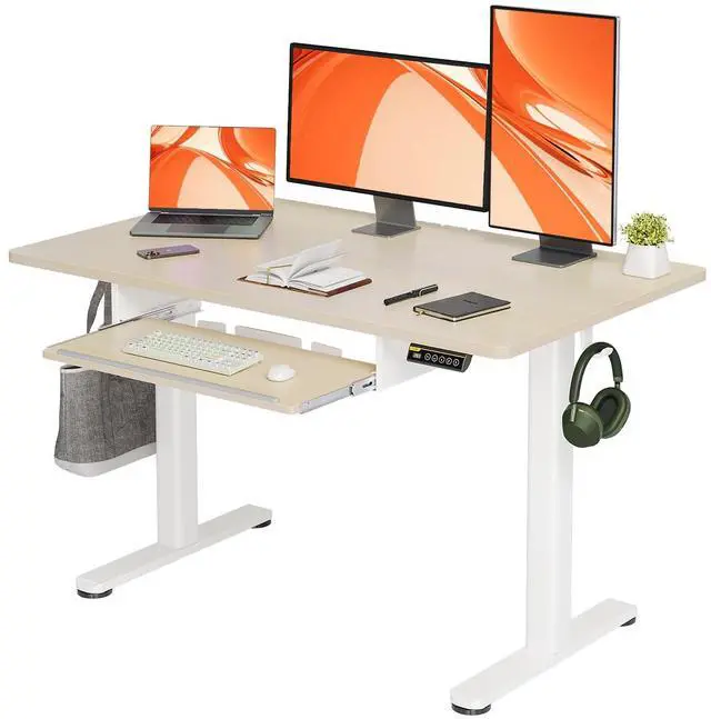 Main image of Electric Standing Desk 48x24 Inches with Keyboard Tray Natural | Splice board, 28.3-46.5 inch height range, 3 memory presets, 45dB quiet motor, 176LBS capacity, sturdy steel frame
