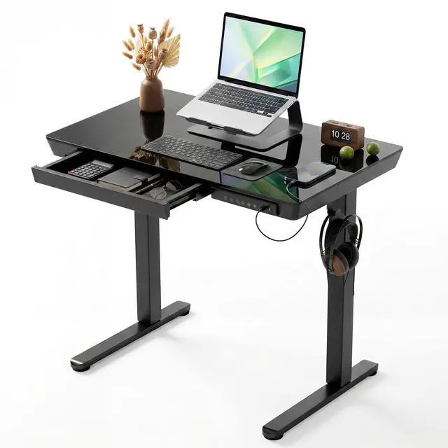 Main image of Glass Standing Desk with Drawers, 32 Inch, Black | Quick Install, Whole-Piece Glass Top, USB ports and a Type-C port, Buil in Drawers, Writable Glass Top, 2 Hooks