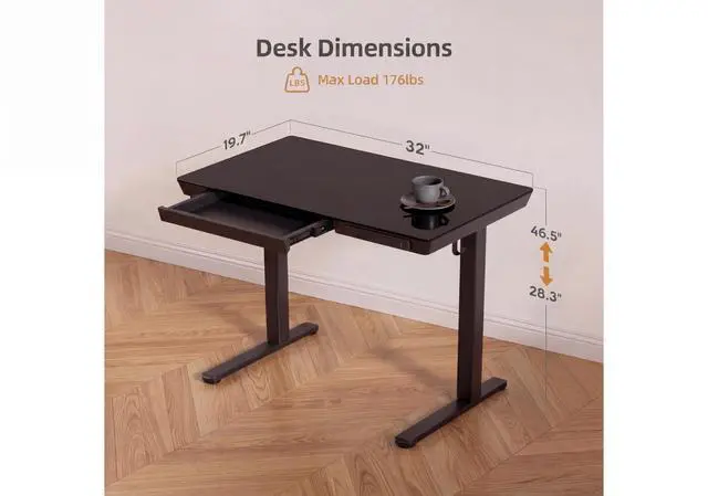 Alt view image 3 of 7 - Glass Standing Desk with Drawers, 32 Inch, Black | Quick Install, Whole-Piece Glass Top, USB ports and a Type-C port, Buil in Drawers, Writable Glass Top, 2 Hooks