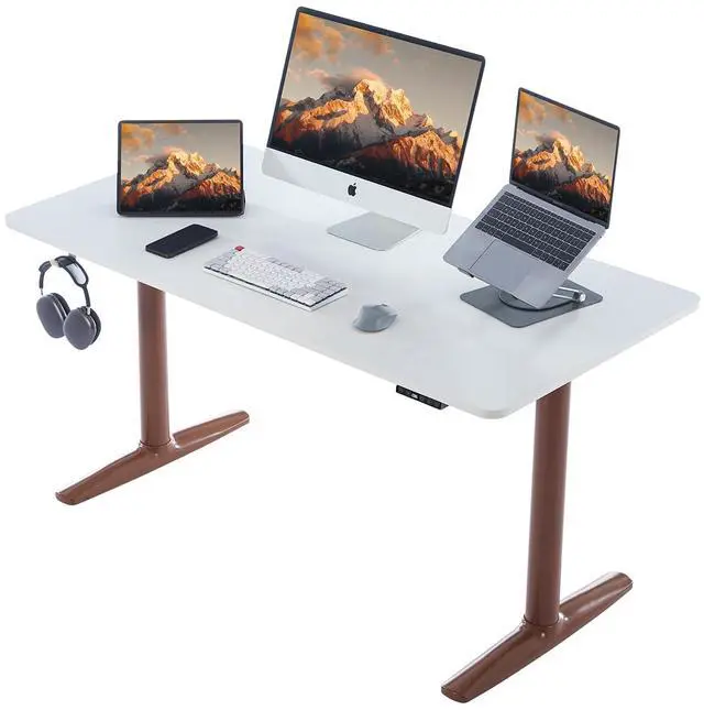 Main image of Electric Standing Desk, Height Adjustable Desk with Round Tube Legs, 48 x 24 Inches Memory Sit Stand up Desk, Home Office Workstation (White Desktop + Brown Leg)