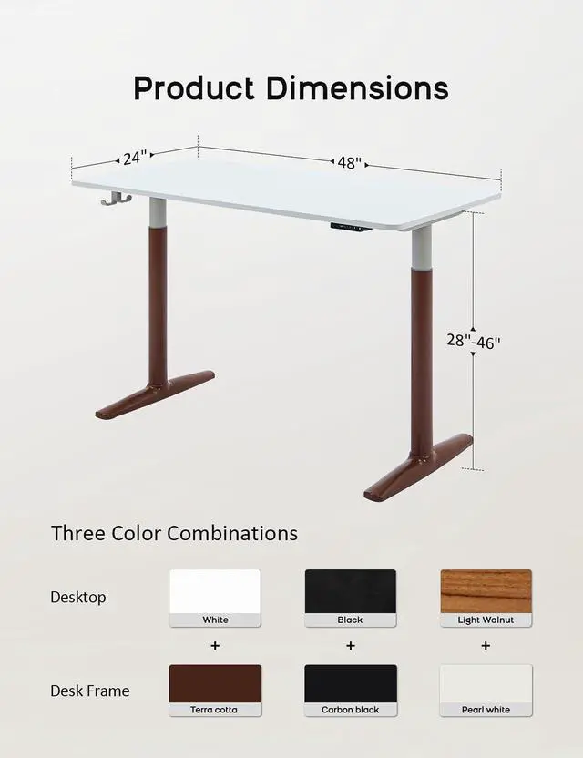 Alt view image 2 of 7 - Electric Standing Desk, Height Adjustable Desk with Round Tube Legs, 48 x 24 Inches Memory Sit Stand up Desk, Home Office Workstation (White Desktop + Brown Leg)
