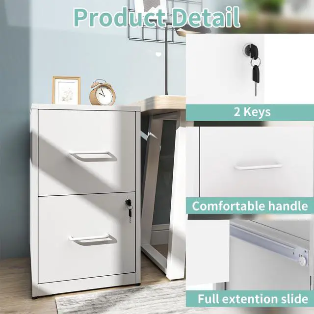 Alt view image 3 of 4 - 2 Drawer Filing Cabinet with Lock, Metal White File Cabinet for Home Office, 18" Deep Vertical Storage Drawer for Hanging A4/Letter/Legal Size Files, Assembly Required