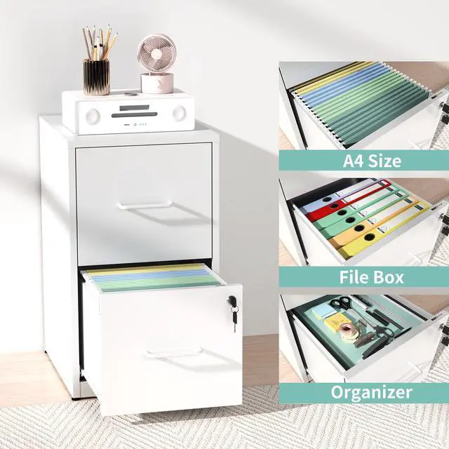 Alt view image 2 of 4 - 2 Drawer Filing Cabinet with Lock, Metal White File Cabinet for Home Office, 18" Deep Vertical Storage Drawer for Hanging A4/Letter/Legal Size Files, Assembly Required