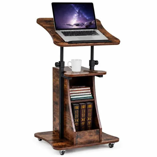 Main image of Sit to Stand Mobile Lectern Teacher Podium Stand Rustic Brown | Rolling Laptop Desk Cart with Storage Shelves, Casters, Swivel Top, Height Adjustable, for Classroom, Concert, Church