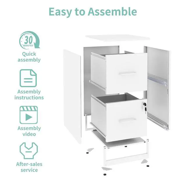 Alt view image 4 of 4 - 2 Drawer Filing Cabinet with Lock, Metal White File Cabinet for Home Office, 18" Deep Vertical Storage Drawer for Hanging A4/Letter/Legal Size Files, Assembly Required