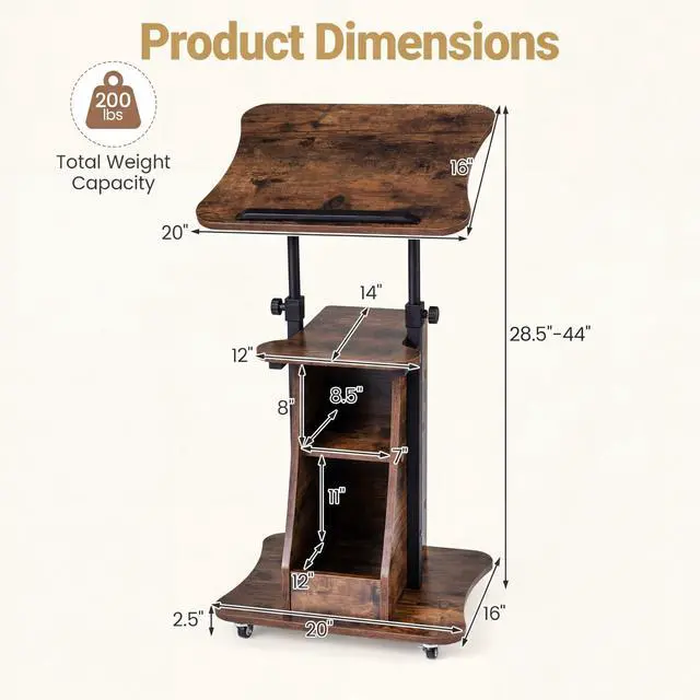 Alt view image 3 of 7 - Sit to Stand Mobile Lectern Teacher Podium Stand Rustic Brown | Rolling Laptop Desk Cart with Storage Shelves, Casters, Swivel Top, Height Adjustable, for Classroom, Concert, Church