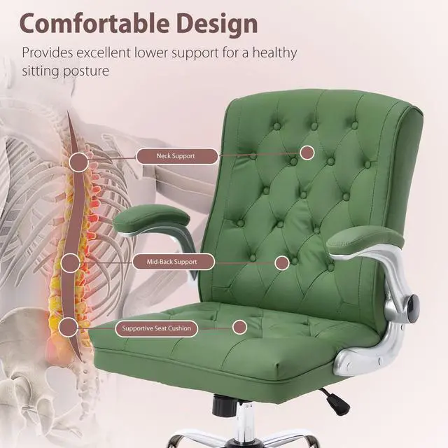 Alt view image 3 of 7 - Mid-Back Office Chair, Modern Leather Ergonomic Executive Desk Chair with Flip Up Arm, Mid Century Swivel Task Chair, Small Rocking Computer Chair with Wheels for Home Office Meeting Room