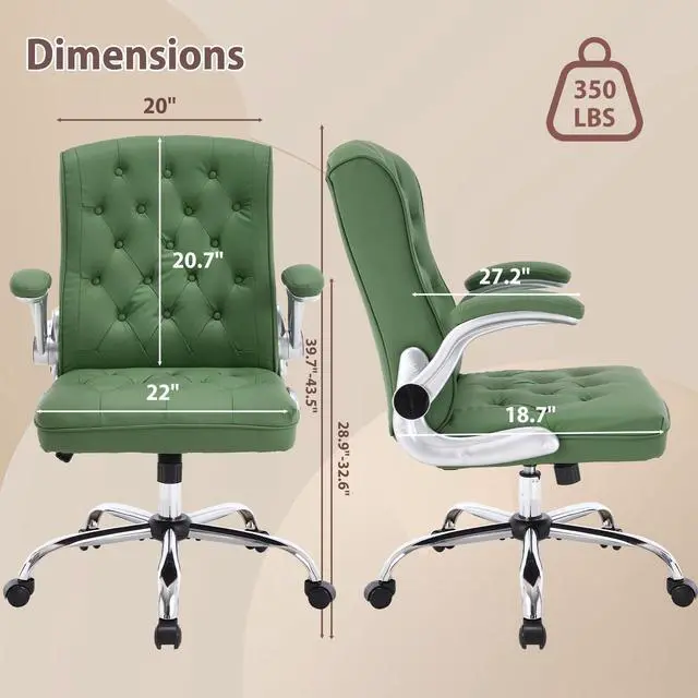 Alt view image 2 of 7 - Mid-Back Office Chair, Modern Leather Ergonomic Executive Desk Chair with Flip Up Arm, Mid Century Swivel Task Chair, Small Rocking Computer Chair with Wheels for Home Office Meeting Room