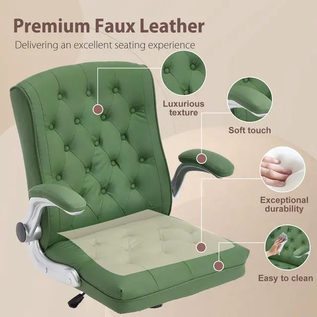 Alt view image 5 of 7 - Mid-Back Office Chair, Modern Leather Ergonomic Executive Desk Chair with Flip Up Arm, Mid Century Swivel Task Chair, Small Rocking Computer Chair with Wheels for Home Office Meeting Room