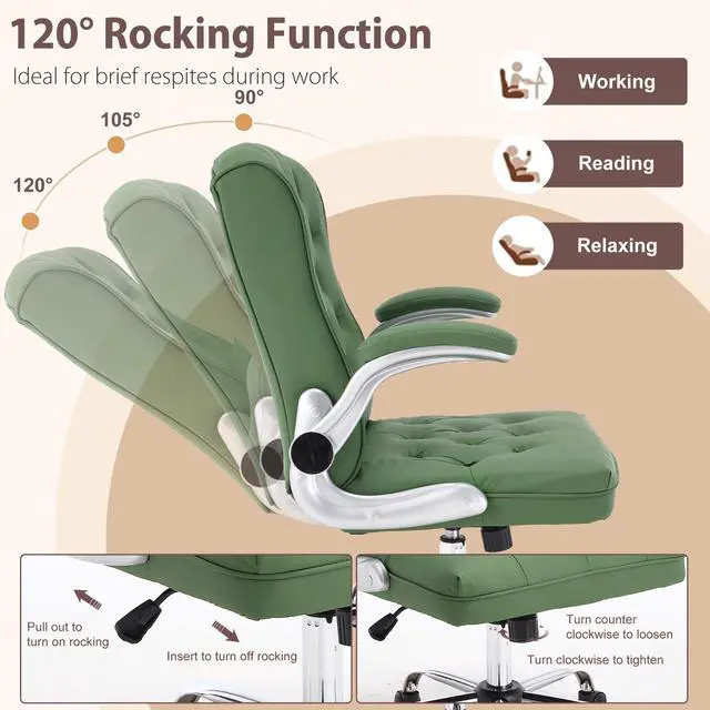Alt view image 4 of 7 - Mid-Back Office Chair, Modern Leather Ergonomic Executive Desk Chair with Flip Up Arm, Mid Century Swivel Task Chair, Small Rocking Computer Chair with Wheels for Home Office Meeting Room
